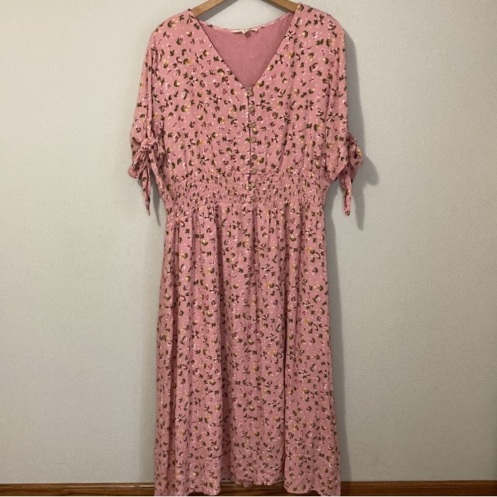 Reborn J Women’s Pink Floral Tie Sleeve Plus Midi Dress, Plus Size 3X Summer - Picture 4 of 10